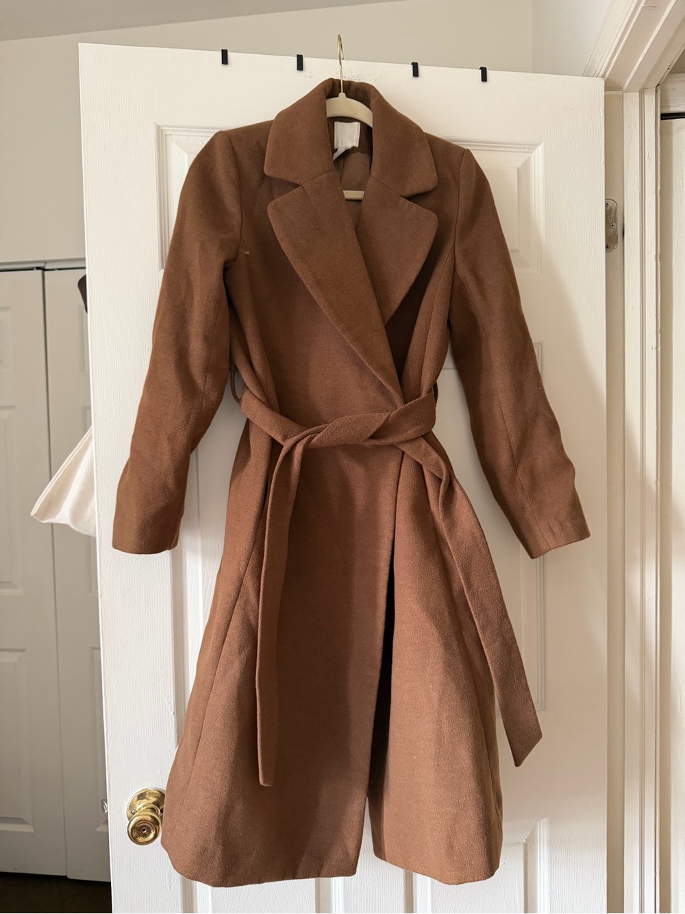 H&M women's brown belted wool-blend wrap coat